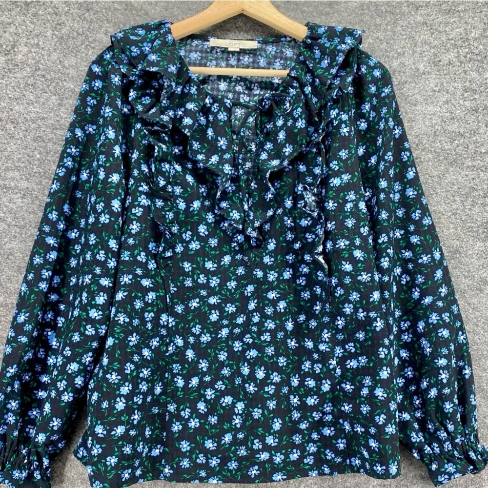 Loft Blouse Women S Small Black Floral V-Neck Tasseled Long Sleeve Pullover